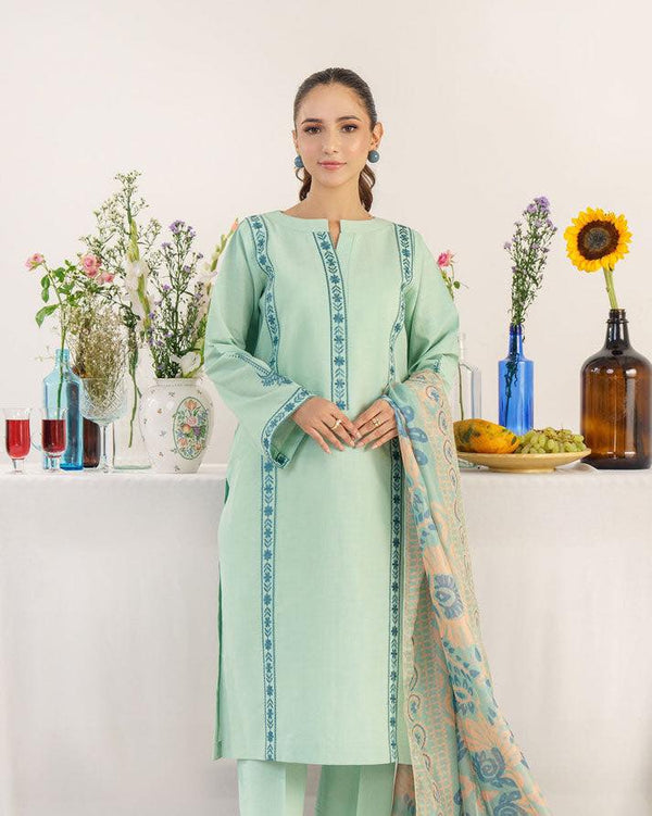 HANA- 3PC DHANAK EMBROIDERED SHIRT WITH WOOL PRINT SHAWL AND TROUSER-BIC-3158